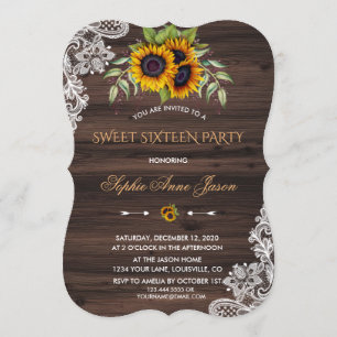 Rustikale Sonnenblumen Holz Sweet Sixteen Party Einladung