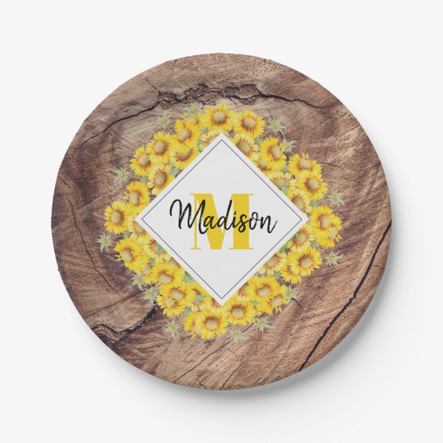 Rustikale Sonnenblumen & Holzstruktur-Monogramm Pappteller (Vorderseite)