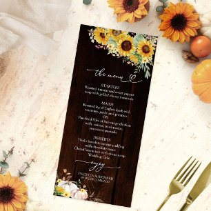 Rustikale Sonnenblumen-Kürbis-Holz-Herbst-Hochzeit Menükarte