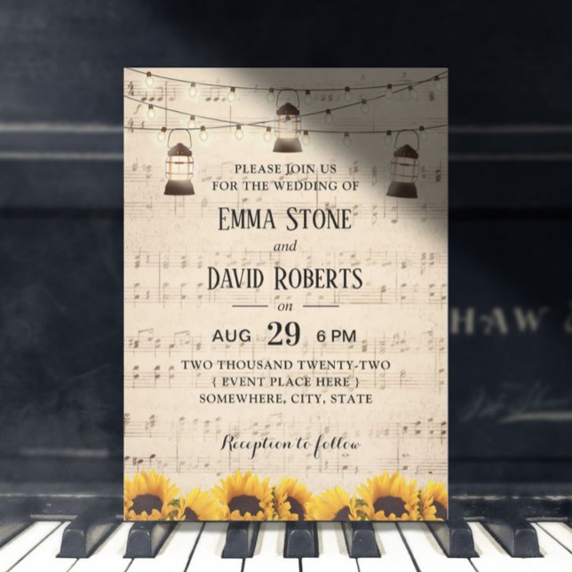 Rustikale Sonnenblumen & Lanterns Musikhochzeit Einladung (Von Creator hochgeladen)