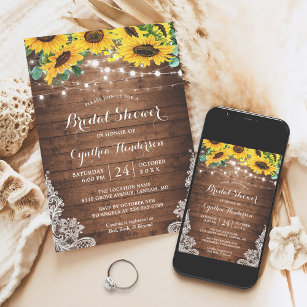 Rustikale Sonnenblumen, Lichter, Spitzen-Brautpart Einladung