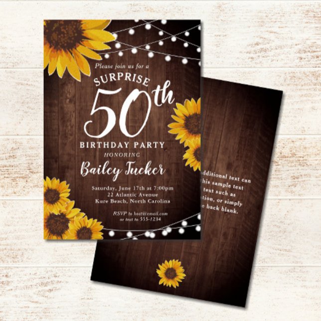 Rustikale Sonnenblumen & Lichter Überraschung 50.  Einladung (Rustic Sunflowers & String Lights on Wood 50th Birthday Party Invitation)