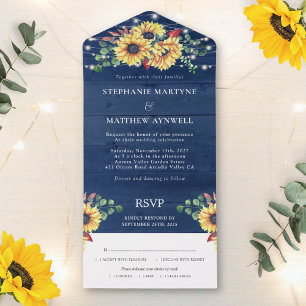 Rustikale Sonnenblumen-Lichterkette Navy Blau Hoch All In One Einladung