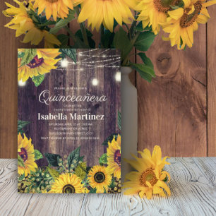 Rustikale Sonnenblumen-Lichterkette Quinceañera 15 Einladung
