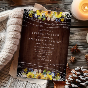 Rustikale Sonnenblumen-Lichterketten-Friendsgiving Einladung