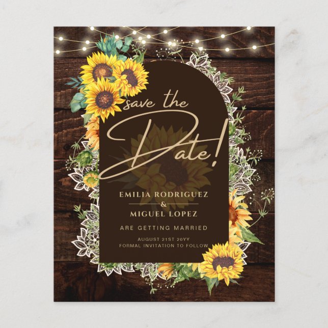 Rustikale Sonnenblumen Lights Lace Arch Wedding Flyer (Vorne)