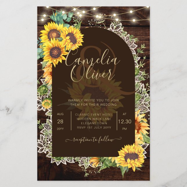 Rustikale Sonnenblumen Lights Lace Arch Wedding Flyer (Vorne)