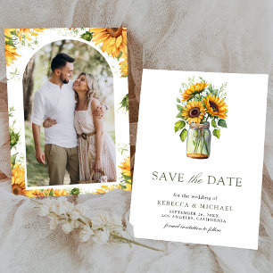 Rustikale Sonnenblumen-Mason-Glas-Foto-Hochzeit Save The Date