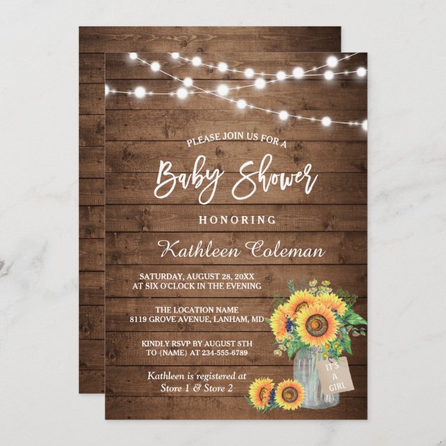 Rustikale Sonnenblumen Mason Jar Lights Babydusche Einladung (Vorne/Hinten)