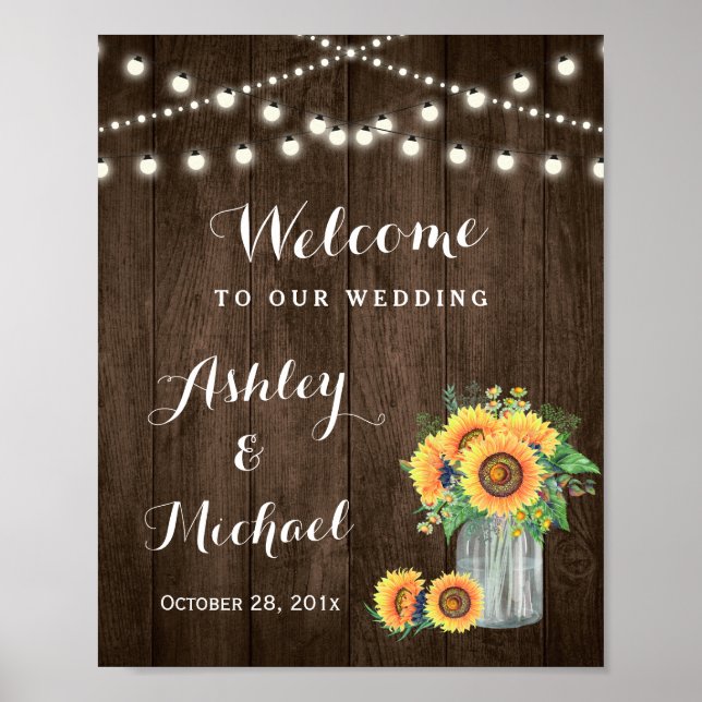 Rustikale Sonnenblumen Mason Jar Lights Hochzeitsz Poster (Vorne)