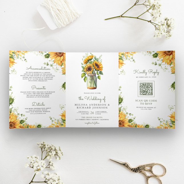 Rustikale Sonnenblumen Mason Jar QR Code Hochzeit Dreifach Gefaltete Einladung (Von Creator hochgeladen)