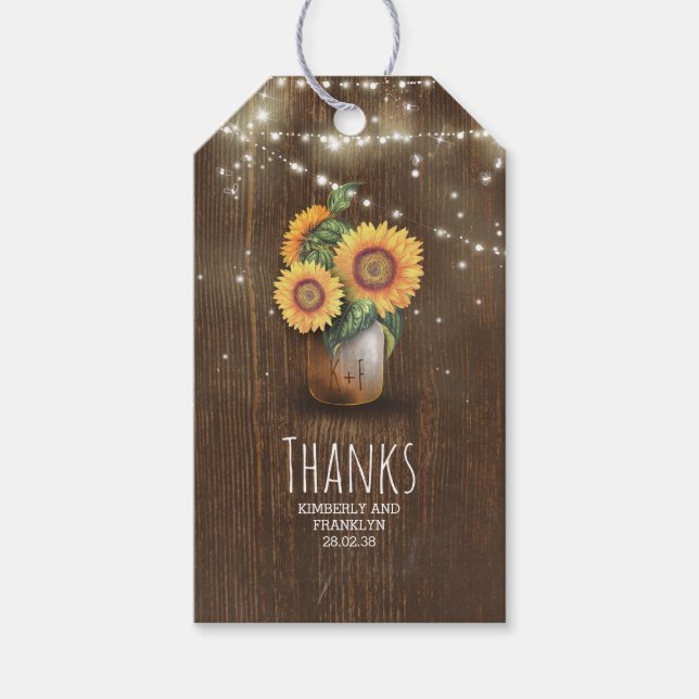 Rustikale Sonnenblumen Mason Jar Wedding Geschenkanhänger (Vorderseite)
