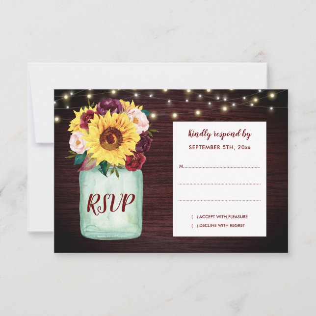 Rustikale Sonnenblumen Mason Jar Wood Wedding RSVP (Vorderseite)