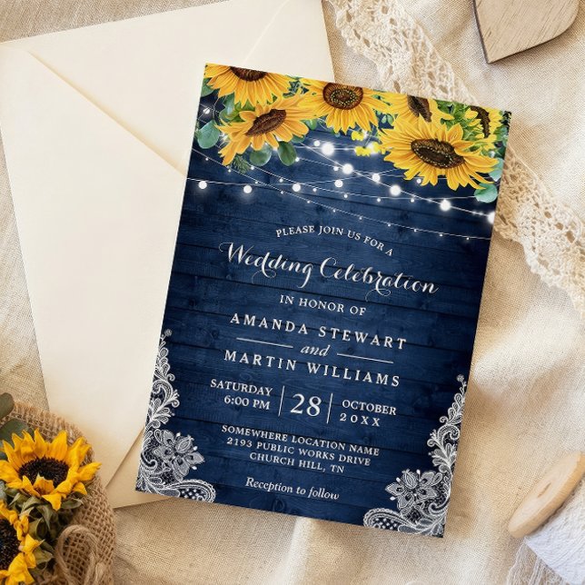 Rustikale Sonnenblumen Navy Blue String Lights Hoc Einladung (Von Creator hochgeladen)