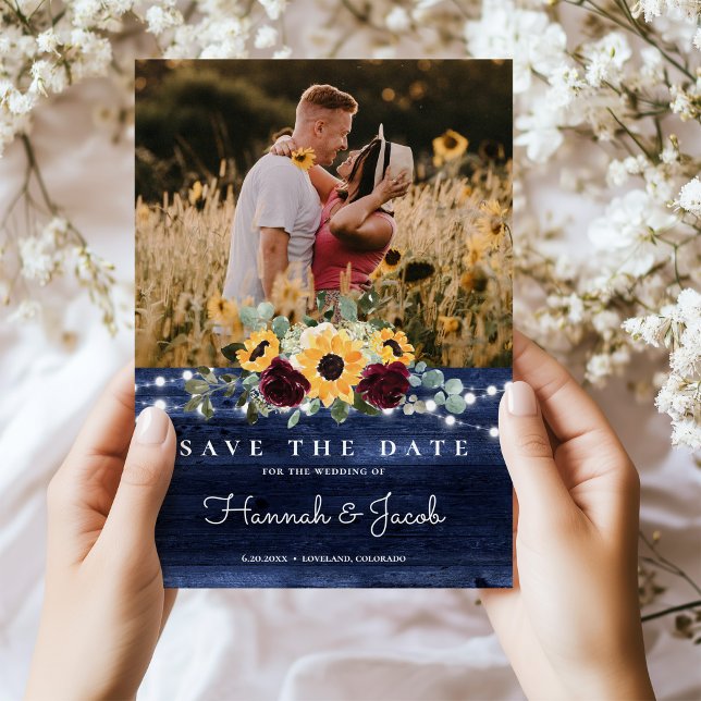 Rustikale Sonnenblumen Navy Blue String Lights Hoc Save The Date (Von Creator hochgeladen)