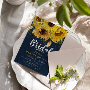 Rustikale Sonnenblumen, Navy & Gold Brautparty Einladung