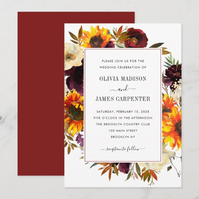 Rustikale Sonnenblumen Rose Burgundy Fall Blumenho Einladung (Vorne/Hinten)