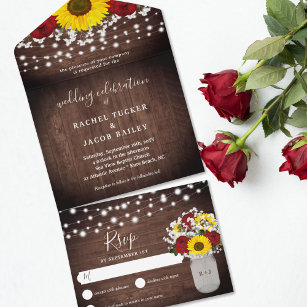 Rustikale Sonnenblumen Rose Jar Lights Hochzeit All In One Einladung