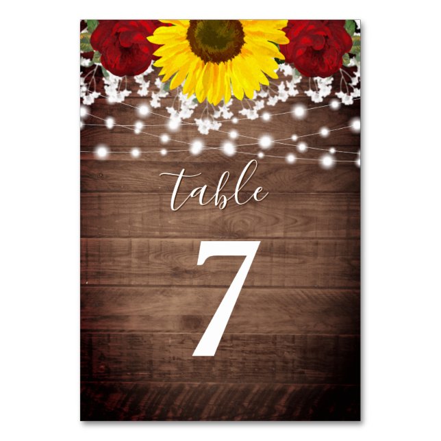Rustikale Sonnenblumen Rose Jar Lights Hochzeit Tischnummer (Vorderseite)