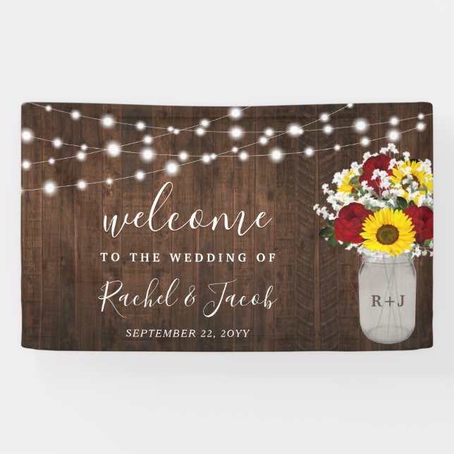 Rustikale Sonnenblumen Rose Jar String Lights Hoch Banner (Horizontal)