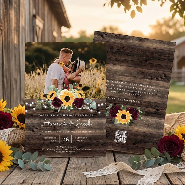 Rustikale Sonnenblumen Rose QR Code UAWG Wedding Einladung (Von Creator hochgeladen)