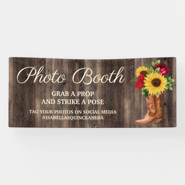 Rustikale Sonnenblumen Rote Rosen Boots Foto Stand Banner (Horizontal)