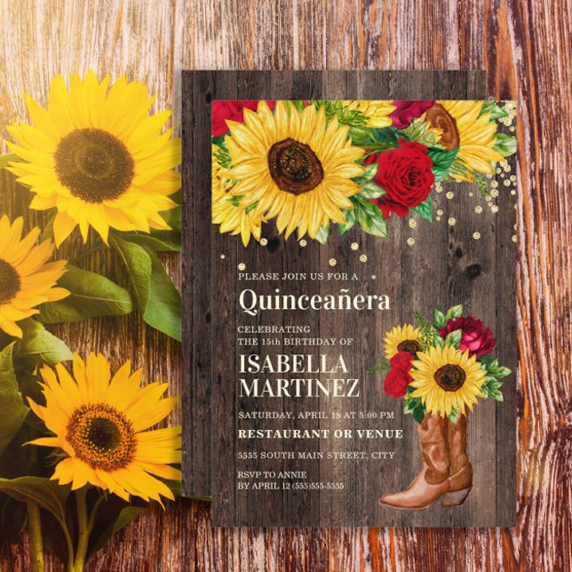 Rustikale Sonnenblumen Rote Rosen Stiefts Quinceañ Einladung (Sunflowers, red roses, and cowgirl boots on rustic wood Quinceanera invitation)