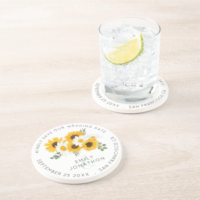 Rustikale Sonnenblumen Save the Date halten Getränkeuntersetzer (Seite)