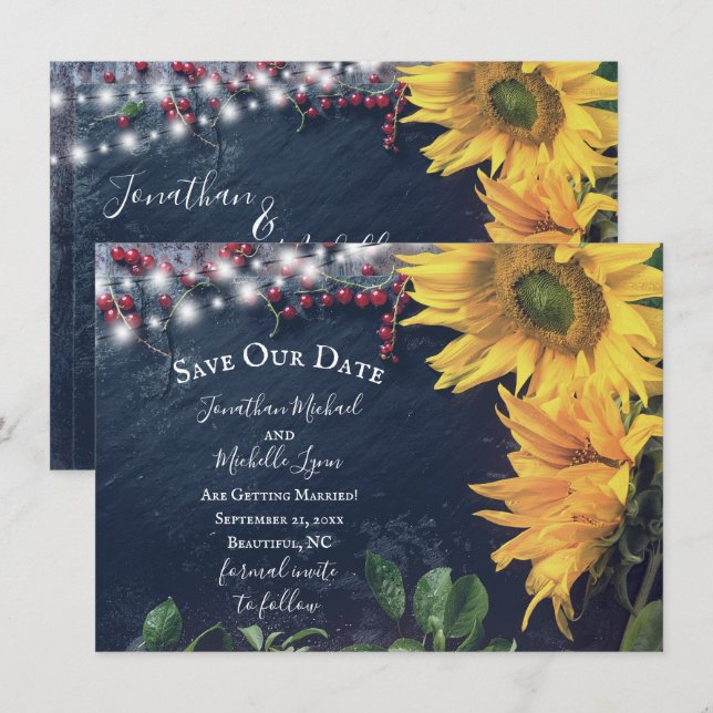 Rustikale Sonnenblumen, Schiefer, Lichter Rettete  Einladung (Vorne/Hinten)