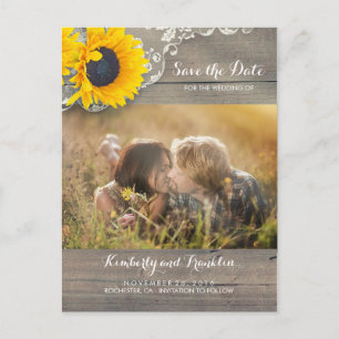 Rustikale Sonnenblumen-Spitzen-Foto-Save-the-Date- Ankündigungspostkarte