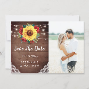 Rustikale Sonnenblumen-Spitzen-Rot-Blumen-Hochzeit Save The Date
