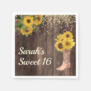 Rustikale Sonnenblumen-Stiefel Glitter Sweet 16 Ge Serviette