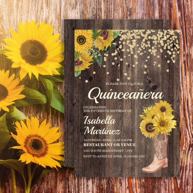 Rustikale Sonnenblumen Stiefel Glitzer Quinceañera Einladung (Sunflowers, cowgirl boots, and rustic wood Quinceanera birthday party invitation)