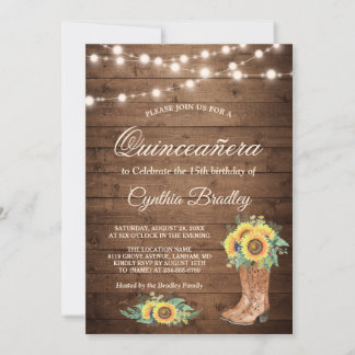 Rustikale Sonnenblumen Stiefel Quinceañera 15. Geb Einladung