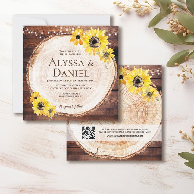 Rustikale Sonnenblumen Streichlichter Holzschnitt  Einladung (String of lights, watercolor sunflower, wood cut slice rustic wedding invitation.
)