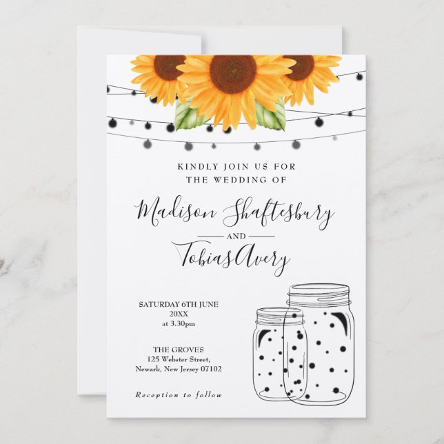 Rustikale Sonnenblumen String Lights Mason Jar Wed Einladung (Vorderseite)