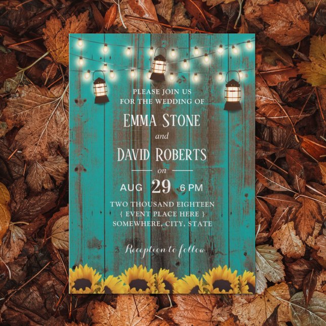 Rustikale Sonnenblumen und Aquamarine Laternen Einladung (Von Creator hochgeladen)
