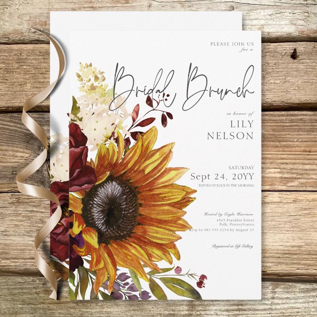 Rustikale Sonnenblumen und Burgunder Blumenbrunch Einladung (Rustic Sunflowers & Burgundy Floral Bridal Brunch Invitation)