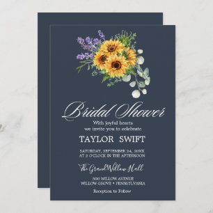 Rustikale Sonnenblumen und Eukalyptus Navy-Braut Einladung