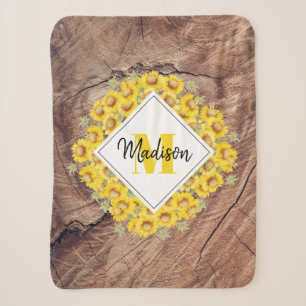 Rustikale Sonnenblumen und Holzstruktur-Monogramm Sherpadecke