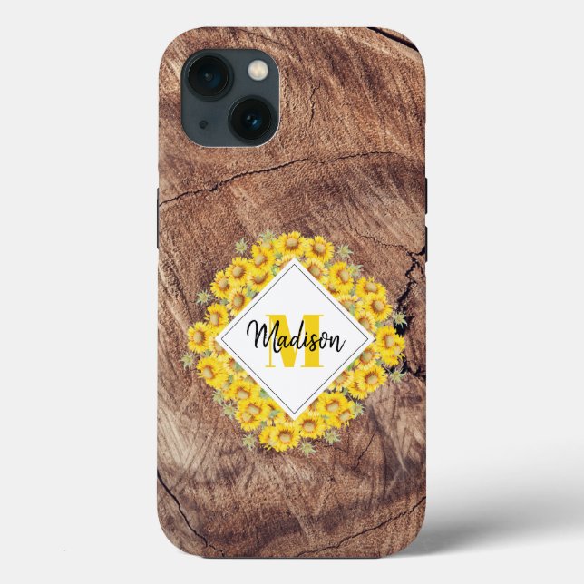 Rustikale Sonnenblumen und Holztextur Monogramm Case-Mate iPhone Hülle (Rückseite)