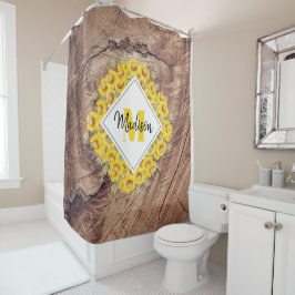 Rustikale Sonnenblumen und Holztextur Monogramm Duschvorhang