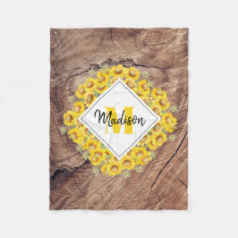 Rustikale Sonnenblumen und Holztextur Monogramm Fleecedecke