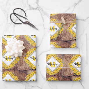 Rustikale Sonnenblumen und Holztextur Monogramm Geschenkpapier Set