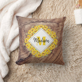 Rustikale Sonnenblumen und Holztextur Monogramm Kissen