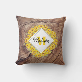 Rustikale Sonnenblumen und Holztextur Monogramm Kissen