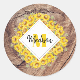 Rustikale Sonnenblumen und Holztextur Monogramm Runder Aufkleber
