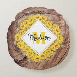 Rustikale Sonnenblumen und Holztextur Monogramm Rundes Kissen