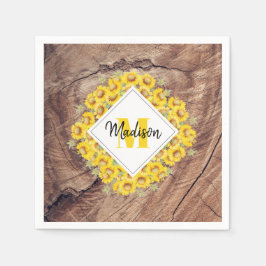 Rustikale Sonnenblumen und Holztextur Monogramm Serviette