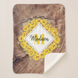 Rustikale Sonnenblumen und Holztextur Monogramm Sherpadecke